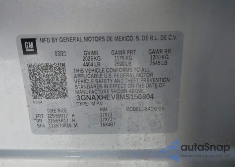 2021 Chevrolet Equinox Fwd Ls из США, поврежденный, VIN 3GNAXHEV8MS150804